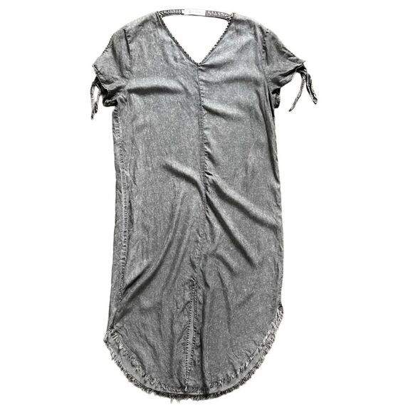 Billy T Faded Washed Black Chambray Denim Short Sleeve Fringe Midi Dress size L - Picture 1 of 7